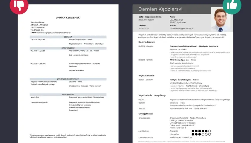 Zdjęcie przedstawia przykładowe CV architekta Damiana Kędzierskiego z elementami graficznymi.