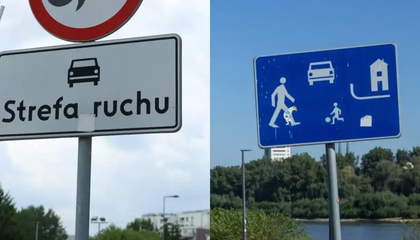 Znak "Strefa ruchu" z ikoną samochodu i znak niebieski z piktogramami ruchu drogowego i pieszych.