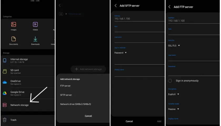 Android-Dateimanager zeigt Optionen zum Hinzufügen von Netzwerkspeicher, wie FTP- oder SFTP-Server, an.