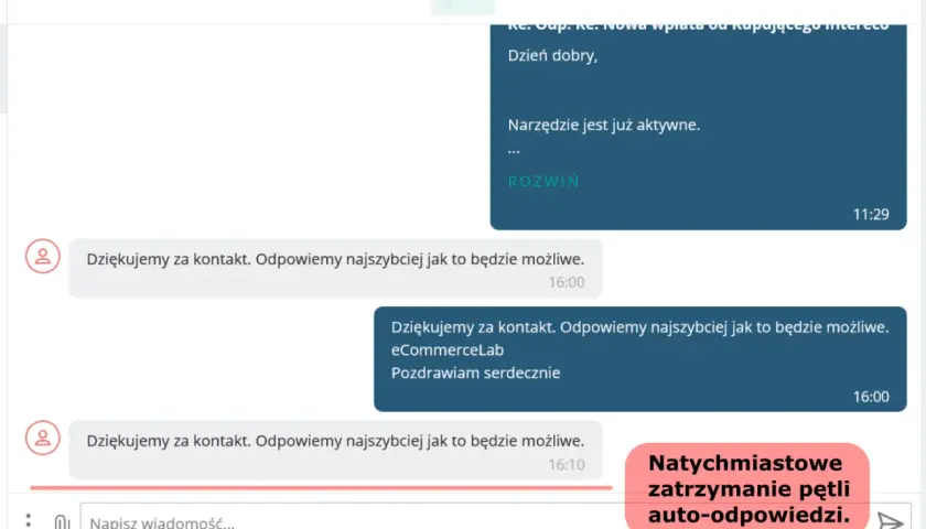 Przykład autoresponder w akcji: system odpowiada na zapytanie klienta, a następnie użytkownik może przerwać pętlę automatycznych odpowiedzi.