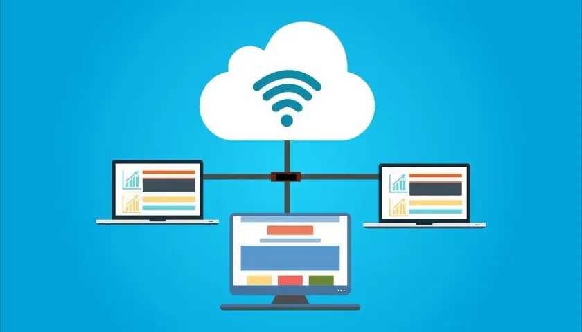 Chmura z symbolem Wi-Fi łączy trzy komputery, pokazując, jak działa serwer.