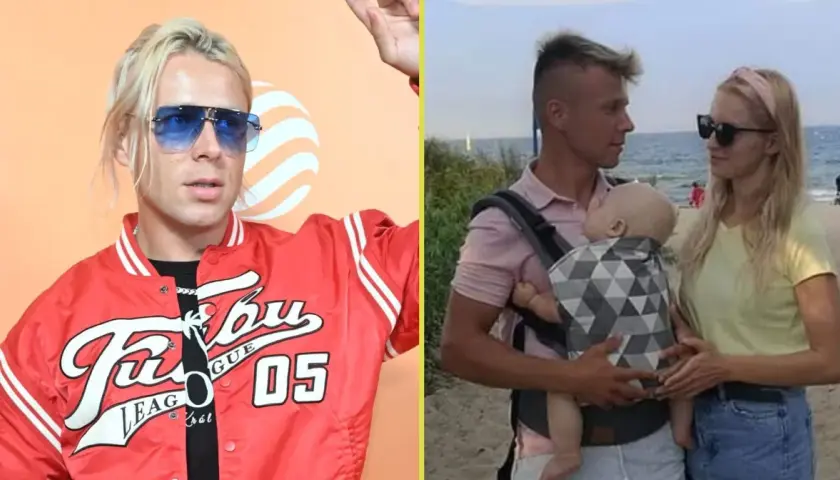 Czy Skolim ma dzieci? Na zdjęciu widzimy artystę w czerwonej kurtce i obok niego rodzinę z dzieckiem na plaży.