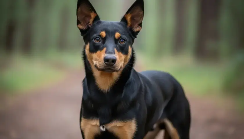 Ein aufmerksamer australian kelpie mit schwarzen und braunen Markierungen steht im Wald.