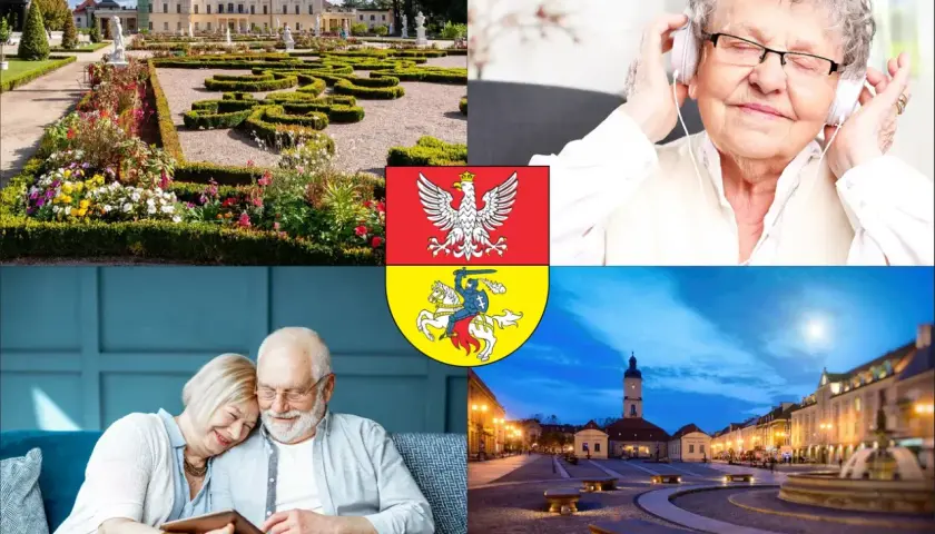 Pałac, starsza kobieta w słuchawkach, para seniorów, herby i rynek miejski.