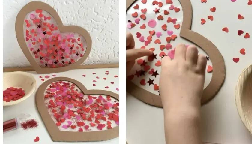 Manos pequeñas creando un corazón shaker con confeti rojo y rosa. Facil manualidades San Valentín niños.