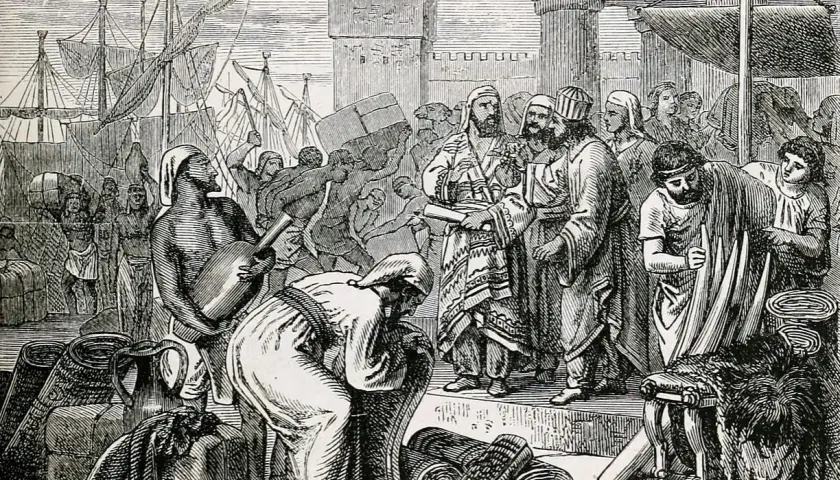 Tłum ludzi i statki w porcie, scena z życia starożytnej Kartaginy.