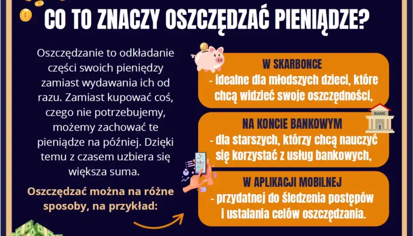 Systematyczne oszczędzanie to klucz do realizacji marzeń. Obrazek pokazuje, jak odkładać pieniądze do skarbonki, na konto bankowe lub w aplikacji mobilnej.