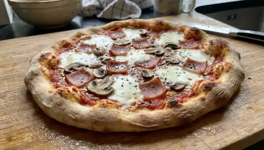 En gyllene, hemmagjord pizza med skinka och champinjoner ligger på en träskärbräda.