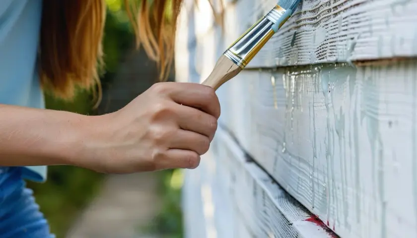 Malowanie drewnianej elewacji. Pędzel z jasnym kolorem nakłada farbę na deski. Dowiedz się, czym pomalować olejowane drewno, by odnowić jego wygląd.