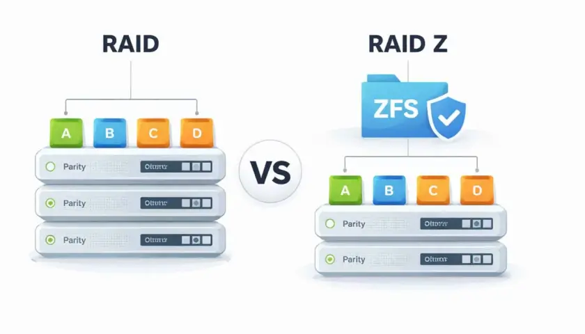 Porównanie tradycyjnego RAID z RAID Z, gdzie dane A, B, C, D są rozłożone na dyskach z parzystością. SSD RAID w akcji.