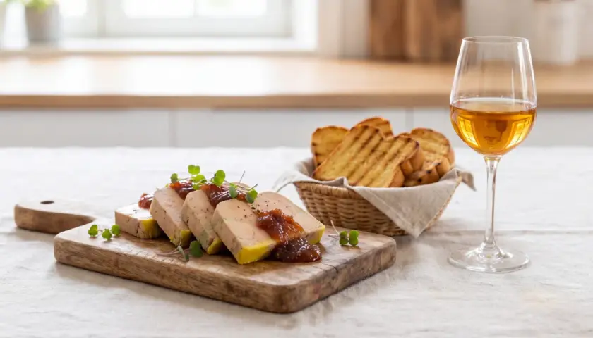 Tranches de foie gras mi cuit ou entier, garnies de confiture de figues et de pousses vertes, servies avec des toasts grillés et un verre de vin blanc.