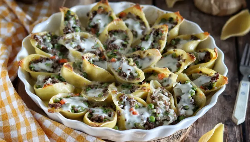 Conchiglioni à la sicilienne, pâtes farcies à la viande et aux petits pois, gratinées au fromage fondant dans un plat blanc.