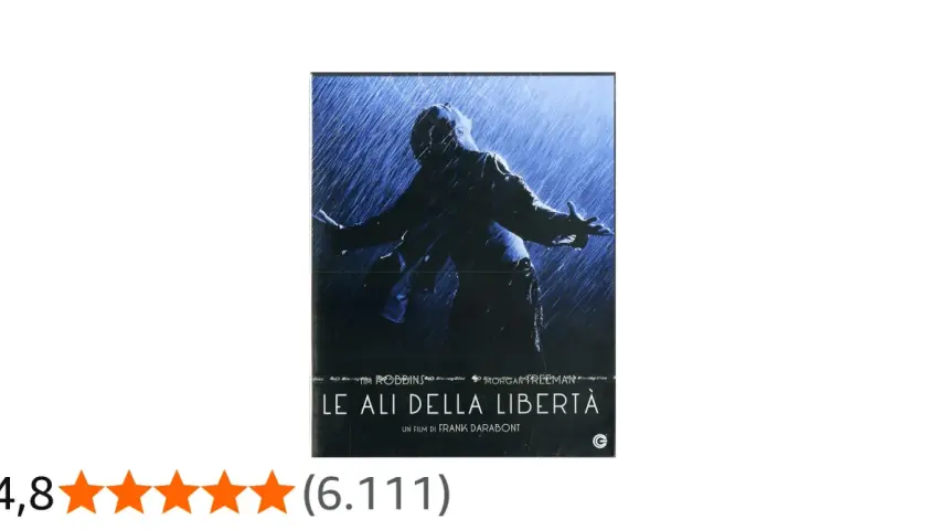 La copertina del film "Le ali della libertà" mostra un uomo sotto la pioggia, con le braccia aperte, simbolo di speranza e redenzione.
