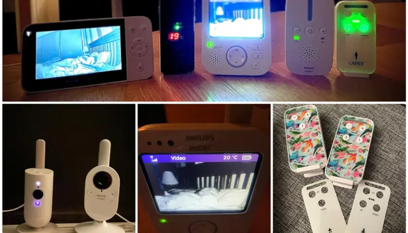 Flera babyvakter, både med och utan skärm, samt tillhörande kameror. En babyvakt batteridriven ger trygghet.