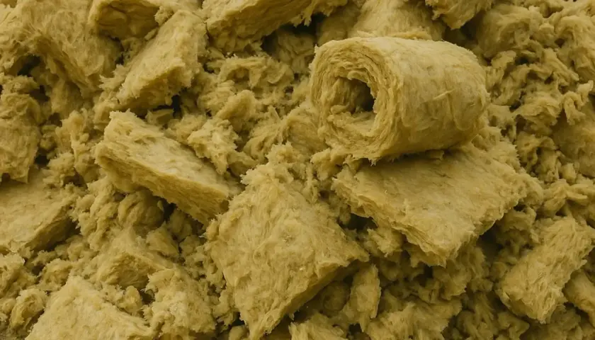 Góra pokruszonej wełny mineralnej, gotowa do utylizacji. Materiał izolacyjny w rolkach i kawałkach.