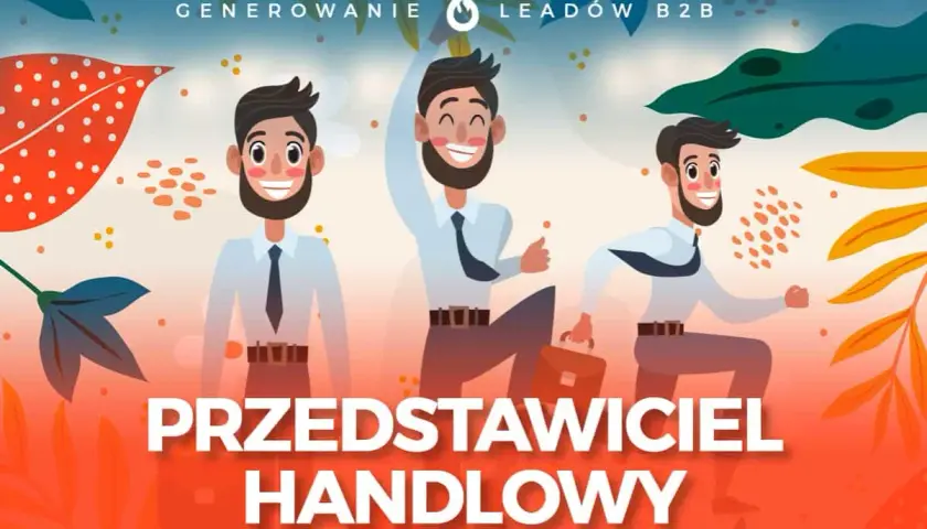 Trzech uśmiechniętych przedstawicieli handlowych w garniturach, gotowych do działania. Jeden z nich podnosi rękę w geście triumfu, drugi biegnie z teczką, a trzeci stoi pewnie.