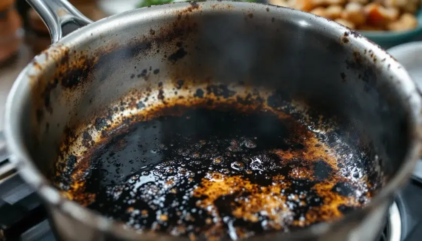 Fond de cocotte minute brûlée, témoin d'une recette qui a mal tourné. Les résidus noirs et caramélisés racontent une histoire de surchauffe.