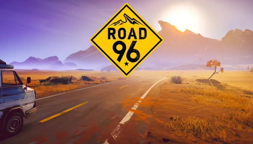 Droga 96: żółty znak ostrzegawczy z górami i napisem "ROAD 96" nad pustynną drogą, z widocznym vanem i słońcem.