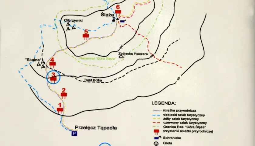 Mapa turystyczna Góry Ślęży z zaznaczonymi szlakami, punktami (np. Schronisko, Kościół) i legendą.