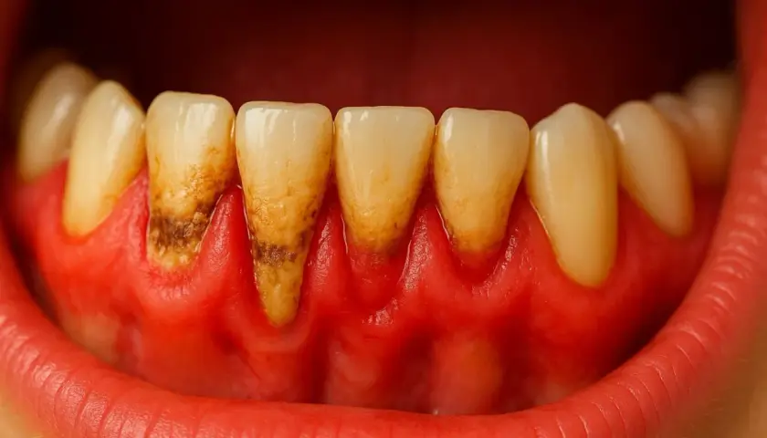 Dientes con sarro y encías inflamadas, un claro ejemplo de piorrea que es.