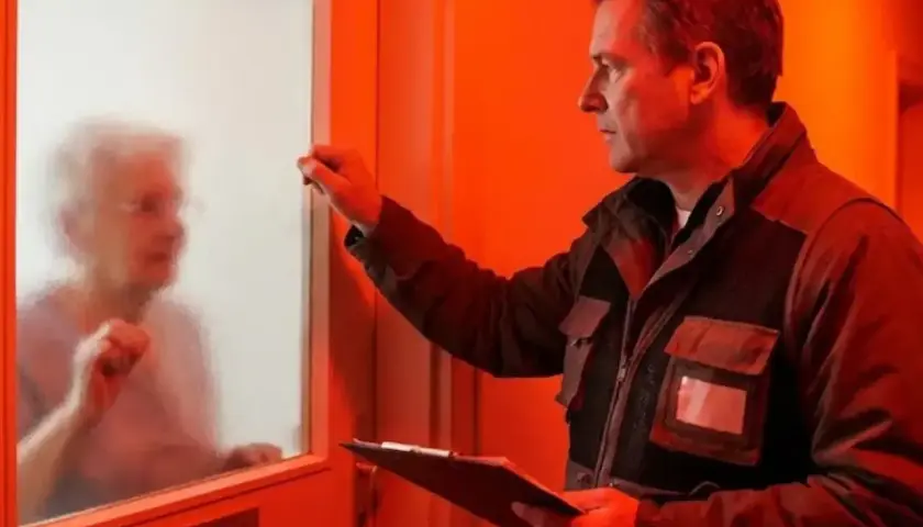 Mężczyzna puka do drzwi starszej pani, trzymając dokumenty. Uważaj na oszustów podszywających się pod pracowników Tauron, którzy chcą wymienić licznik.