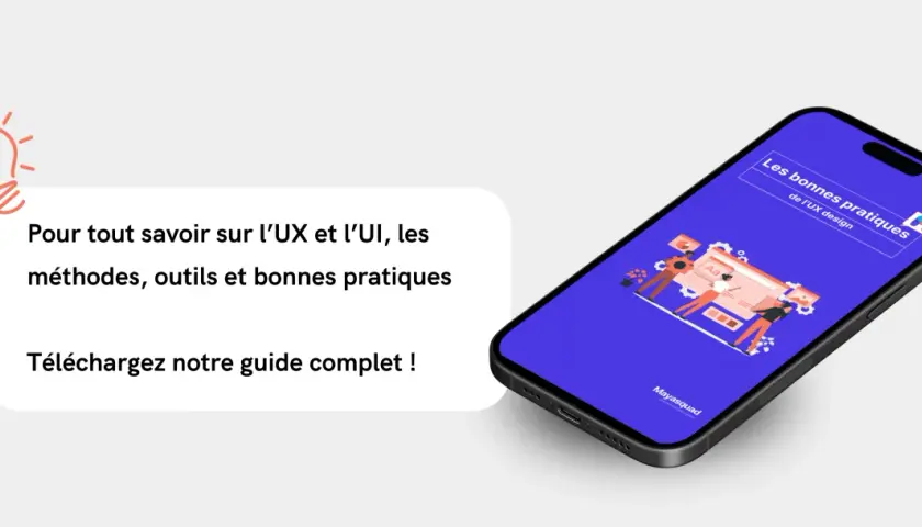 Guide sur les bonnes pratiques UX/UI pour le développement application mobile. Illustration d'une équipe travaillant sur une interface.