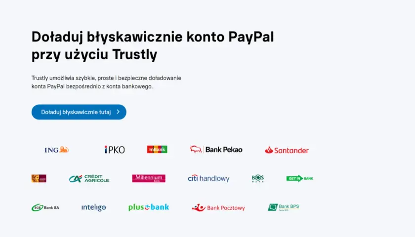 Jak przelać pieniądze na PayPal? Trustly umożliwia szybkie doładowanie konta PayPal bezpośrednio z Twojego banku. Kliknij, aby doładować.