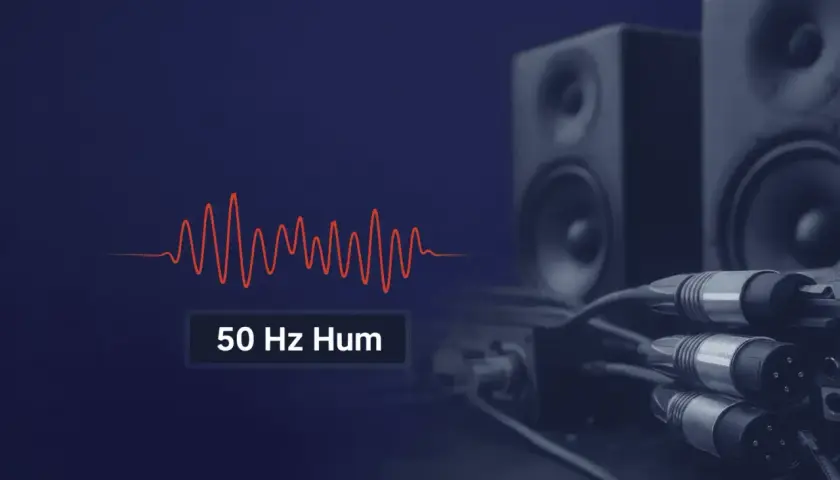 Onda sonora de 50 Hz y cables de audio conectados a altavoces, sugiriendo problemas de ground loops.