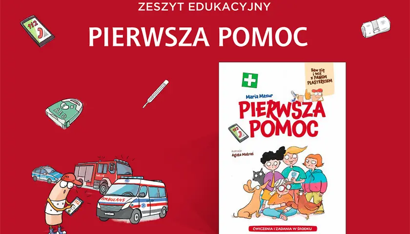 Książka "Pierwsza pomoc" z ilustracjami dzieci, zwierząt i pojazdów ratunkowych. Uczy, jak udzielić 1 pomoc.