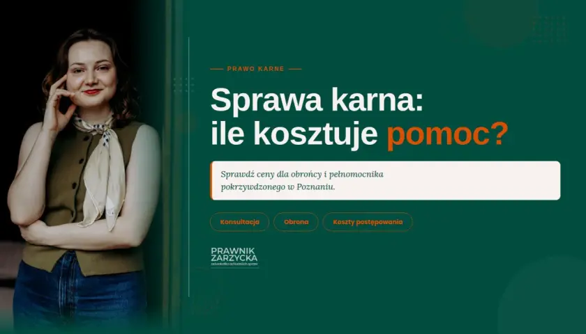 Kobieta w zielonej kamizelce i apaszce, obok tekst o sprawach karnych i kosztach pomocy prawnej.
