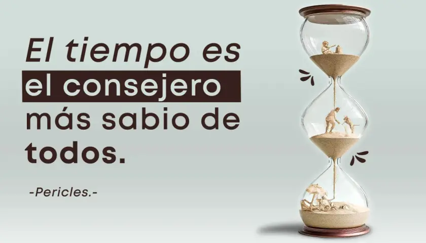 Reloj de arena con escenas de la vida y la frase "El tiempo es el consejero más sabio de todos".