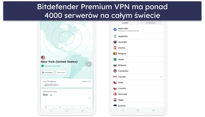 Aplikacja Bitdefender VPN pokazuje mapę świata z zaznaczonym Nowym Jorkiem i listę dostępnych lokalizacji serwerów, np. Argentyna, Australia, Austria.