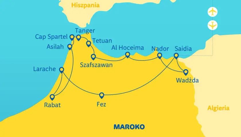Mapa pokazuje trasę podróży z Hiszpanii do Maroka, obejmującą prom przez Cieśninę Gibraltarską i miasta takie jak Tanger, Rabat, Fez i Al Hoceima.