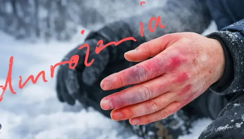 Dłoń z widocznymi odmrożeniami po kriokomorze. Palce zaczerwienione i sine, oznaki uszkodzeń spowodowanych ekstremalnym zimnem.