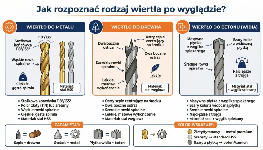 Wiertła do metalu (stożek, wąskie rowki), drewna (szpic, szerokie rowki) i betonu (płytka widia, średnie rowki). Dowiedz się, pod jakim kątem ostrzyć wiertła.