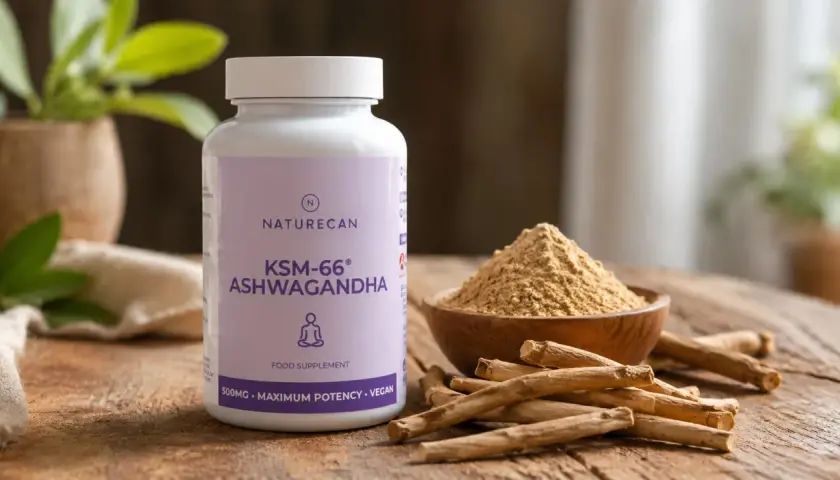 Ashwagandha KSM-66 Kapseln von Naturecan. Pulver und Wurzeln daneben. Informieren Sie sich über mögliche ashwagandha kapseln nebenwirkungen.