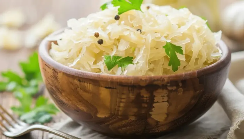 Schüssel mit Sauerkraut, garniert mit Petersilie und Pfefferkörnern. Ein gesundes Gericht, das die Verdauung fördert.