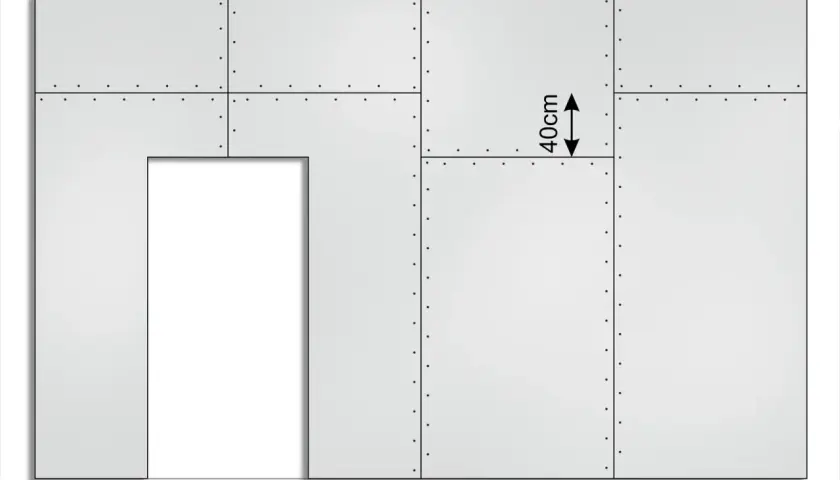 Schemat ściany z płyt g-k, pokazujący rozmieszczenie wkrętów. Widać otwór drzwiowy i wymiar 40cm.