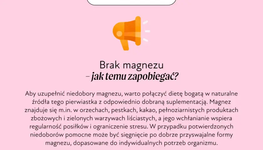 Grafika z hasłem "WAŻNE" i ikoną megafonu. Tekst informuje o tym, jak zapobiegać niedoborom magnezu, sugerując dietę i suplementację.