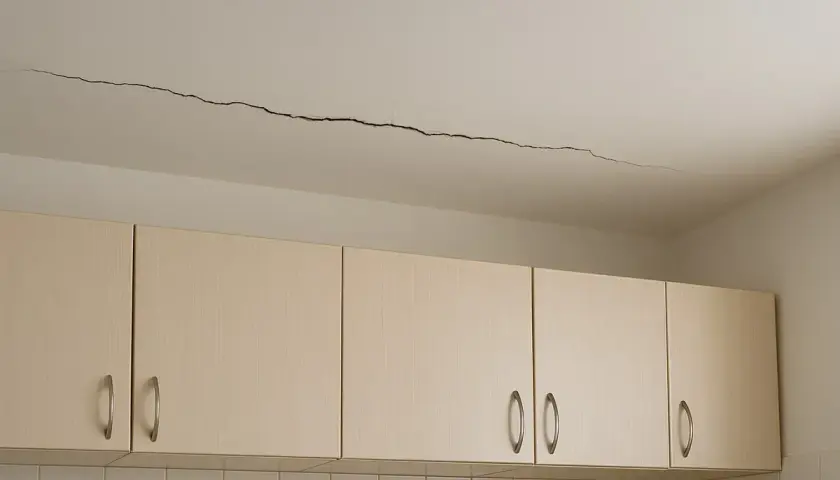 Pęknięcie na suficie nad szafkami kuchennymi. Może to być sygnał problemów z konstrukcją, wymagający uwagi i być może rekojmia.
