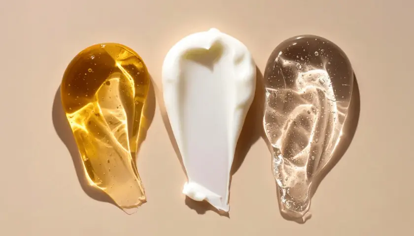 Tre olika krämsvansar: en gyllene olja, en vit kräm och en klar gel. Kanske en innehåller retinol, vitamin A för hudvård.