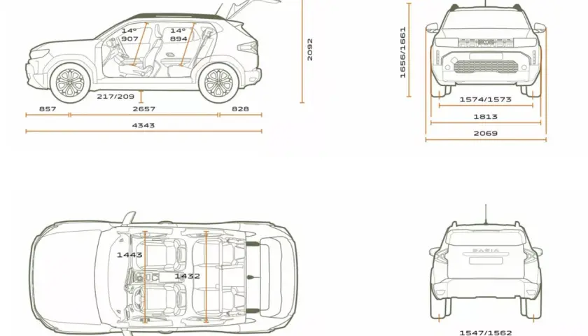 Schemat Dacia Duster z wymiarami. Widok z boku pokazuje długość 4343 mm, a z góry szerokość wnętrza 1443 mm.