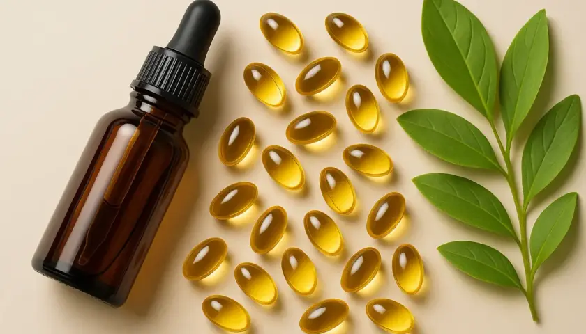 Frasco de vidrio ámbar con gotero y cápsulas doradas, ideales para el cuidado de la piel. Vitamina E para la piel.