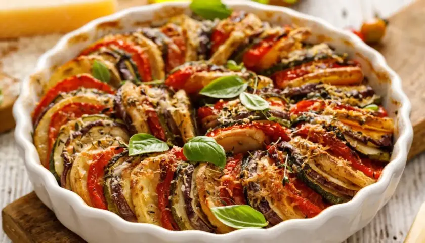 Un délicieux tian de légumes, aux rondelles colorées de tomates, courgettes et aubergines, gratiné au fromage et garni de basilic frais.