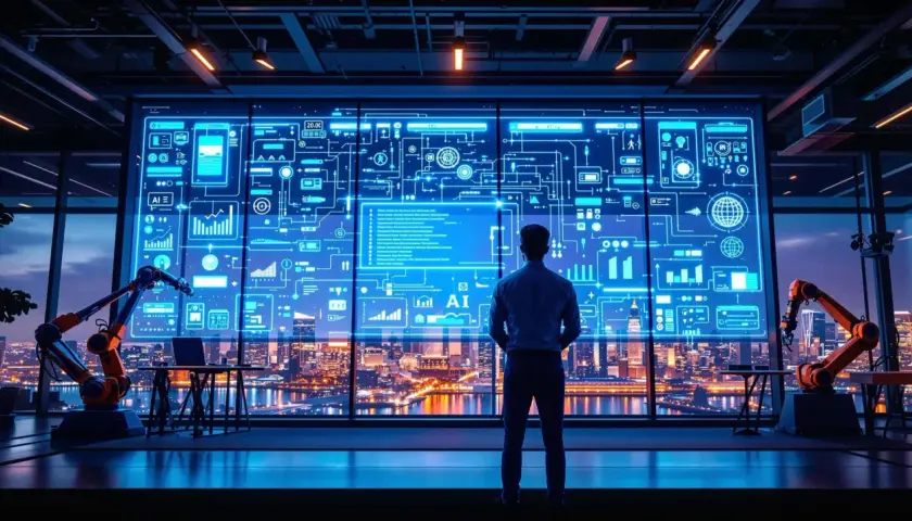 Un homme observe un écran futuriste affichant des schémas complexes et des données financières, symbolisant l'automatisation des processus robotisés (RPA) dans la finance.