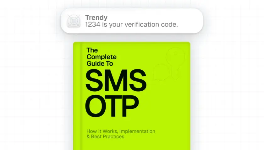 Un mensaje de texto muestra "Trendy 1234 es tu código de verificación". Debajo, la portada de un libro sobre SMS OTP.