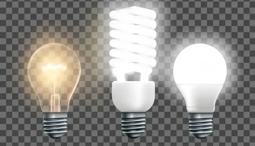Tres bombillas: una incandescente, una fluorescente y bombillas led transparentes, mostrando la evolución de la iluminación.