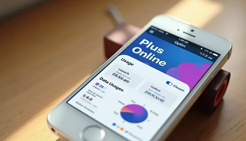 Na ekranie telefonu widać aplikację "Plus Online", która pokazuje statystyki zużycia danych. Idealna, by sprawdzić, jaka taryfa Plus będzie najlepsza.