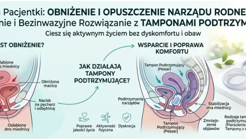 Ilustracja pokazuje, jak działa tampon podtrzymujący (pessar) w leczeniu obniżenia narządów rodnych. Pomaga w stabilizacji dna miednicy, poprawiając jakość życia.