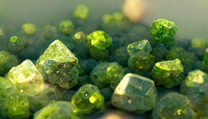 Nahaufnahme von vielen grünen Kristallen, die im Licht schimmern. Die Bedeutung eines grünen Steins liegt oft in seiner Verbindung zur Natur und Heilung.